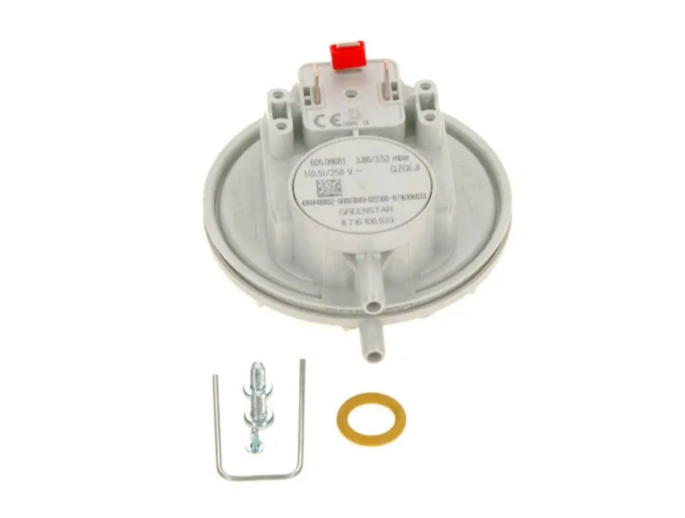 BOSCH Druckschalter in runder Form mit Anschlussstücken, darunter eine Dichtung und eine Halterung. Erkennbar sind technische Markierungen und eine Anschlussplatine.